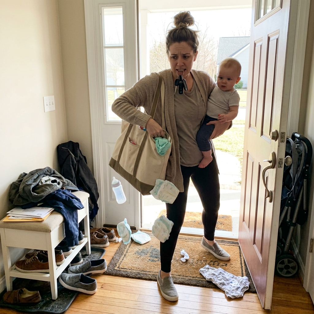 Mom leaving home with a messy diaper bag