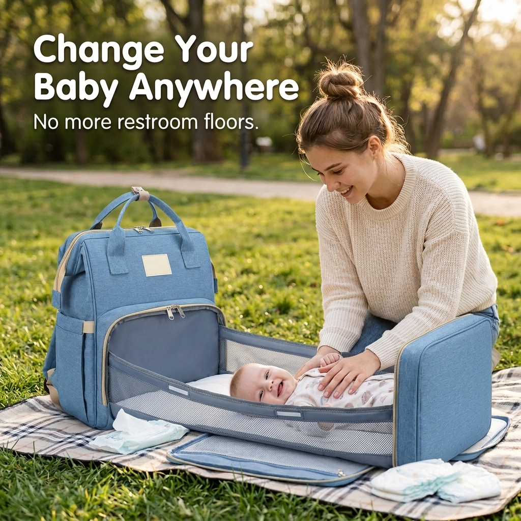 Mom changing her baby on the fold-out changing station at the park
