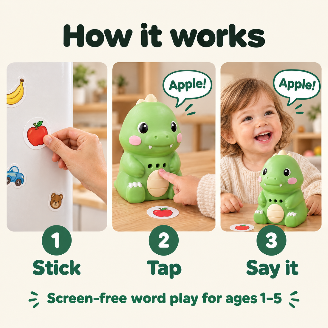 How it works: stick, tap, say it