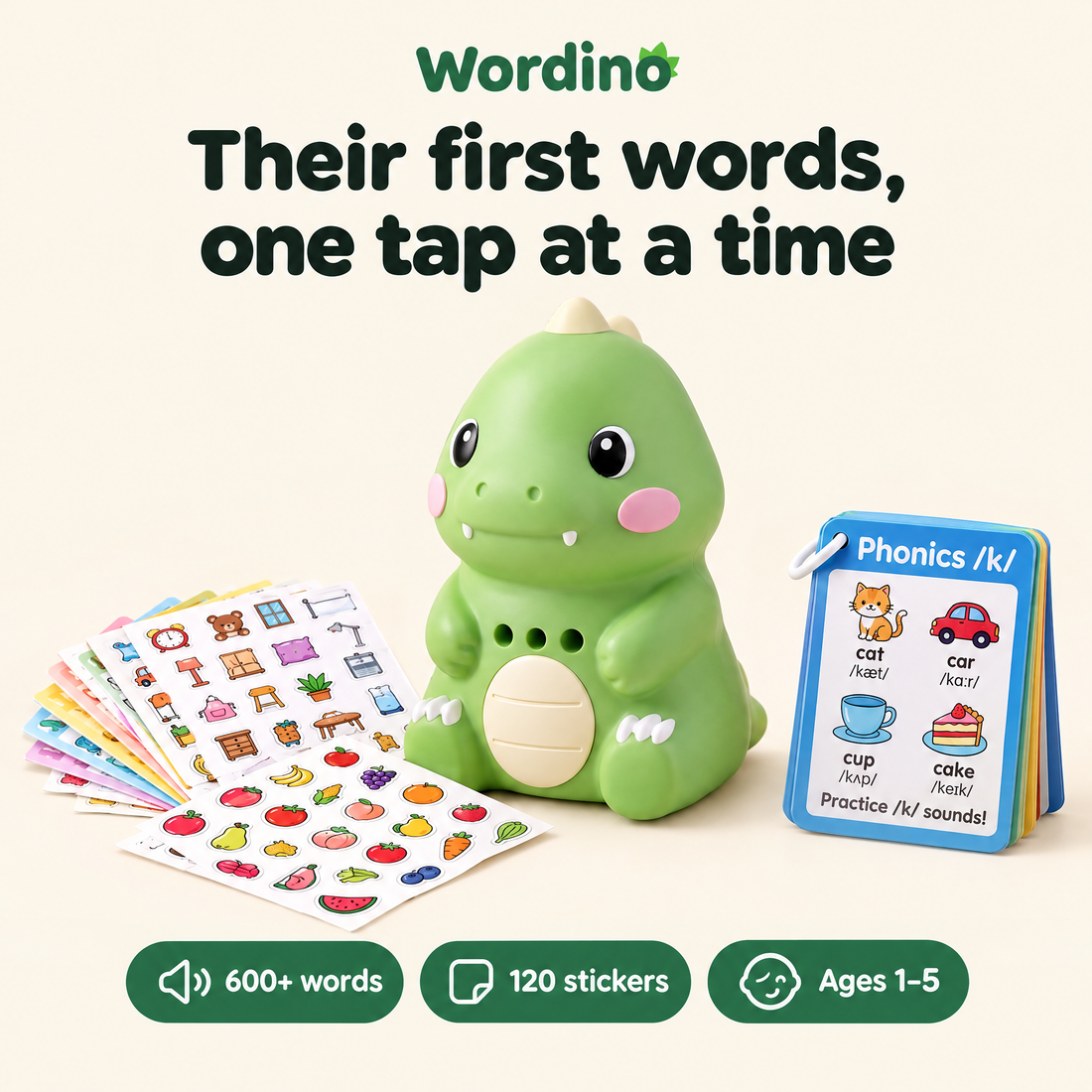 Wordino talking dino in green with 600+ words and 120 stickers