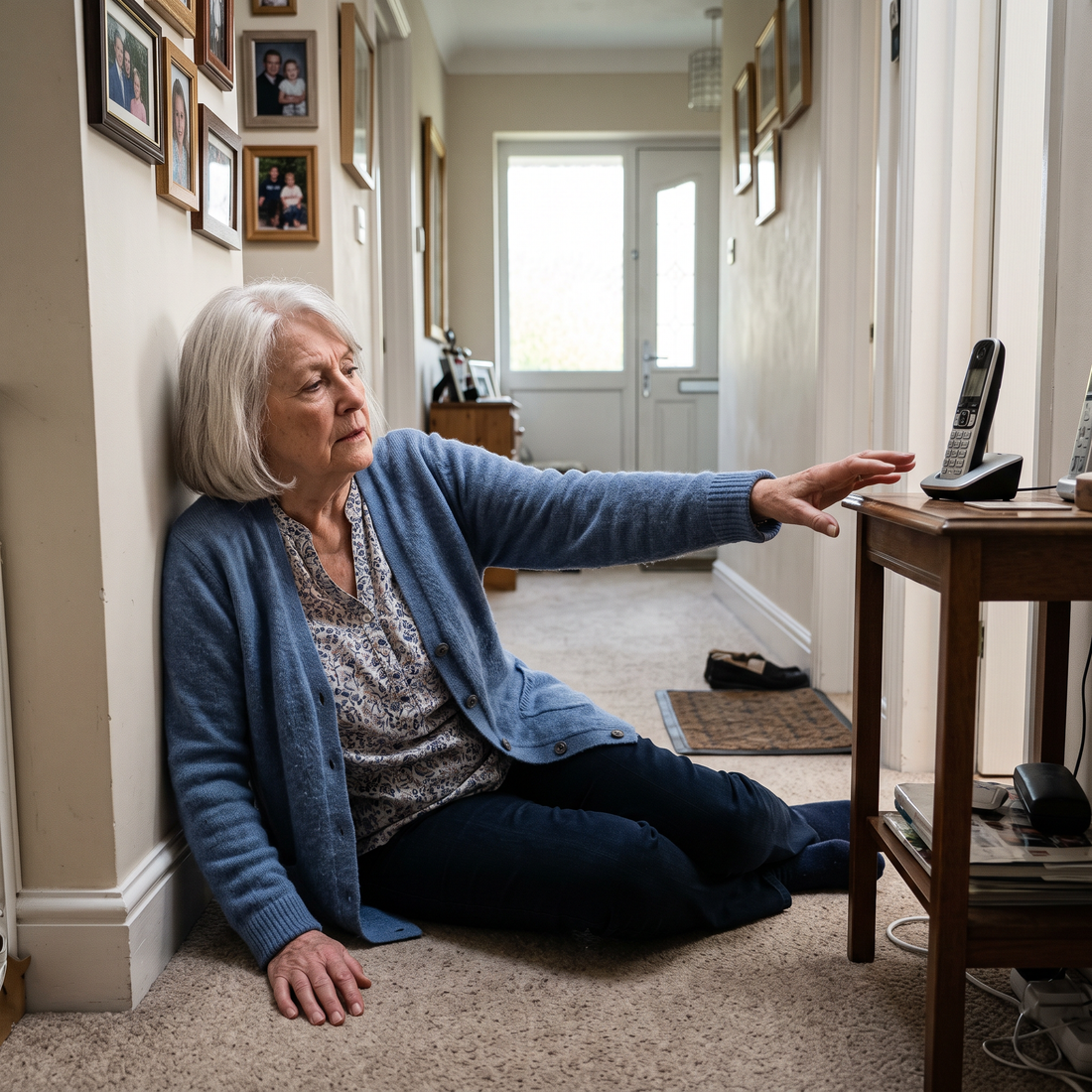 Senior woman on the floor after a fall, reaching for the phone