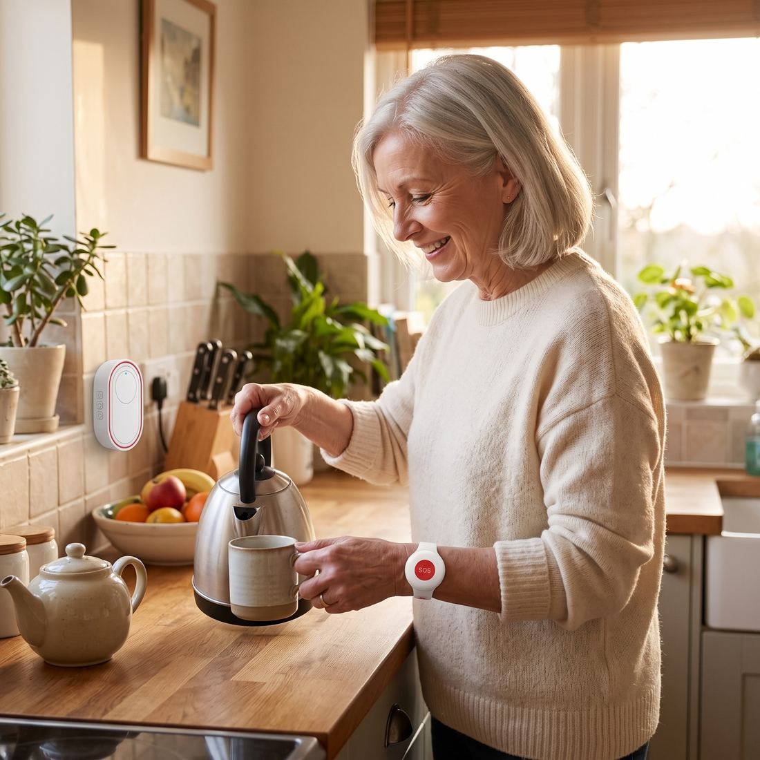 Senior woman making tea wearing the Kindwell SOS wristband