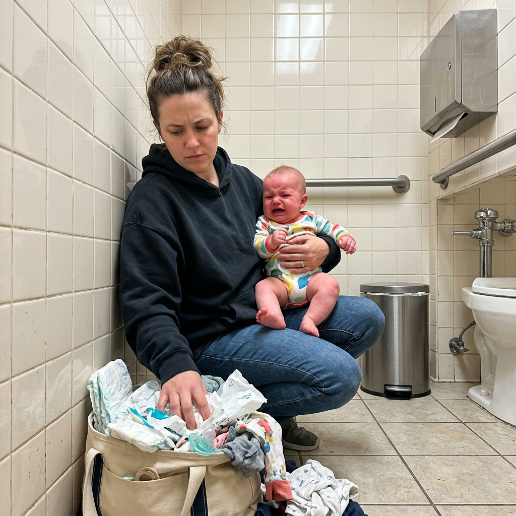 Mom changing her baby in a restroom with no changing table