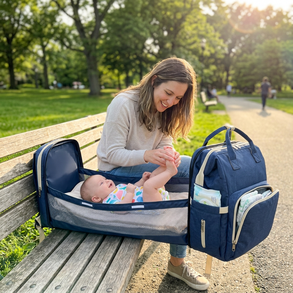 Mom changing her baby on the Lovanest changing station at the park